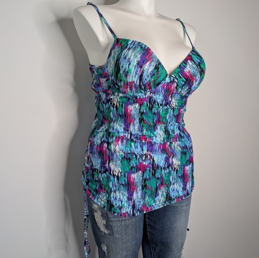 Assets By Spanx Blue Green Purple V Neck Bikini Tankini Swim Top XL - Picture 4 of 9